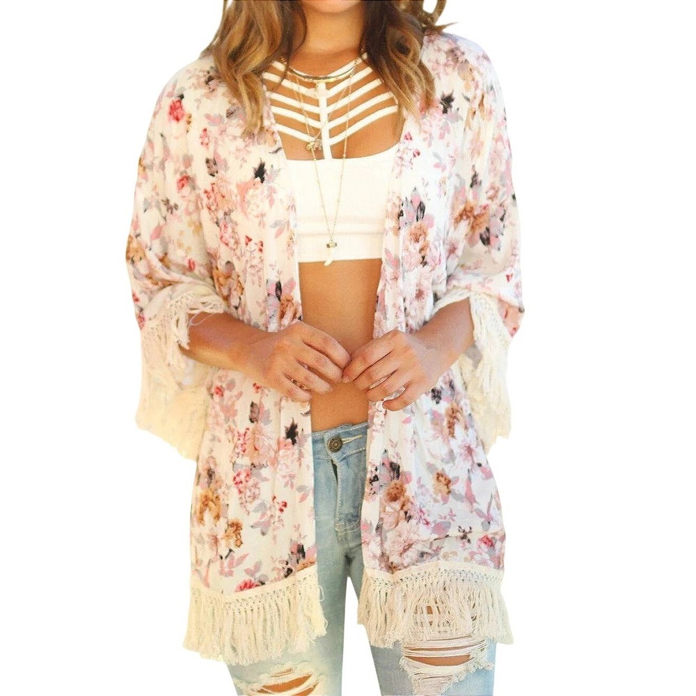 Umgee Women White Pink Floral Fringe Open Front Romantic Boho Kimono M/L Cottage